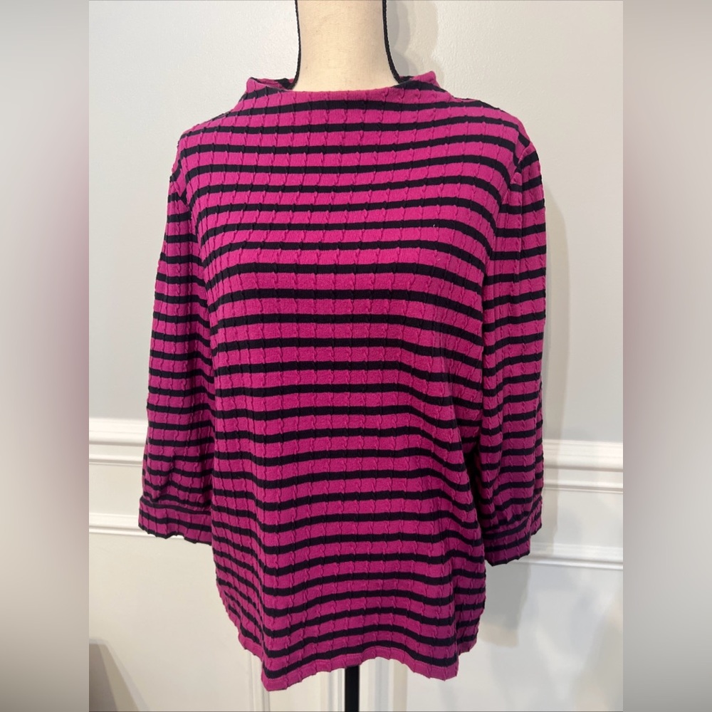 Talbots Cotton Blend Women’s 3/4 Length Sleeve Sweater Top XL Pink Black Stripes